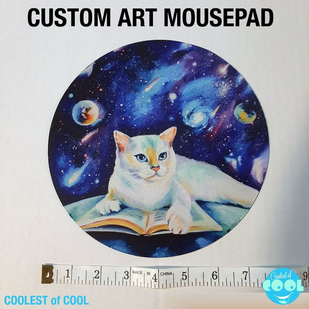 Cat reading in space galaxy custom art print computer mouse pad